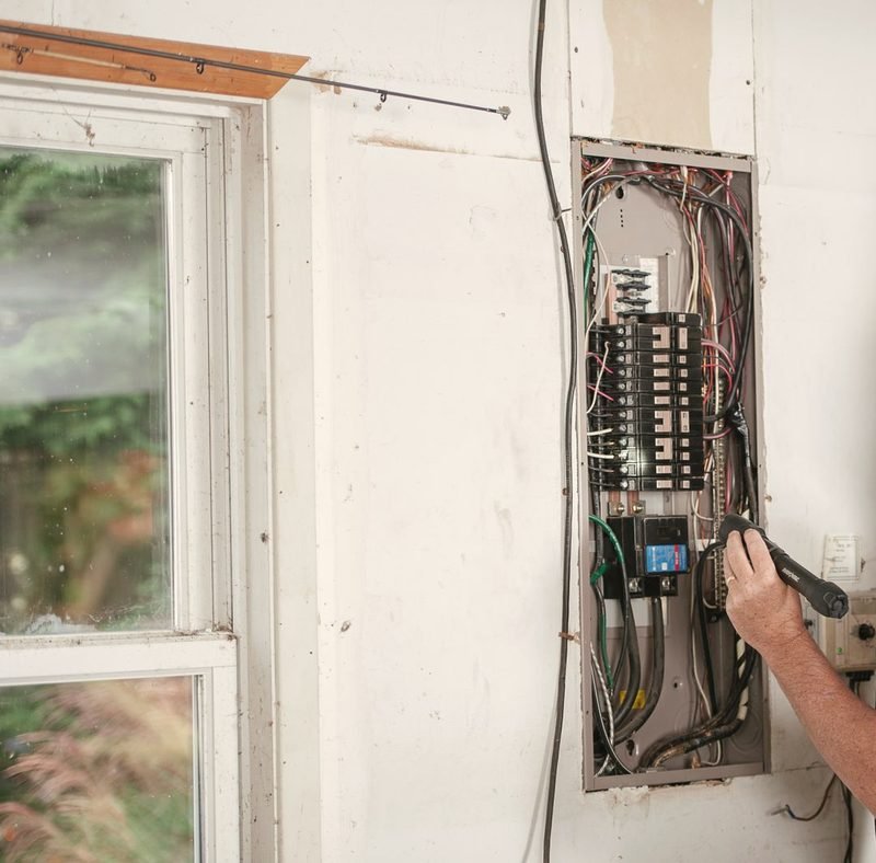 Open residential breaker panel under flashlight inspection