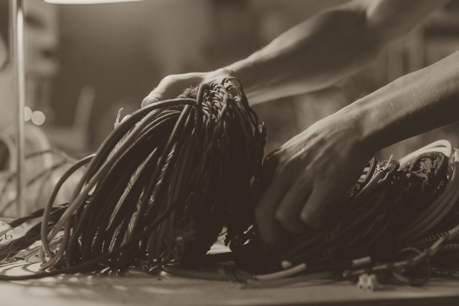 Hands coiling cloth covered wire on a workbench under warm lamp light